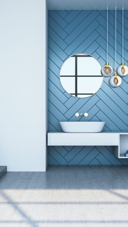 Modern blue bathroom interior with bath and decorative objects. Style and hygiene concept. 3D Rendering